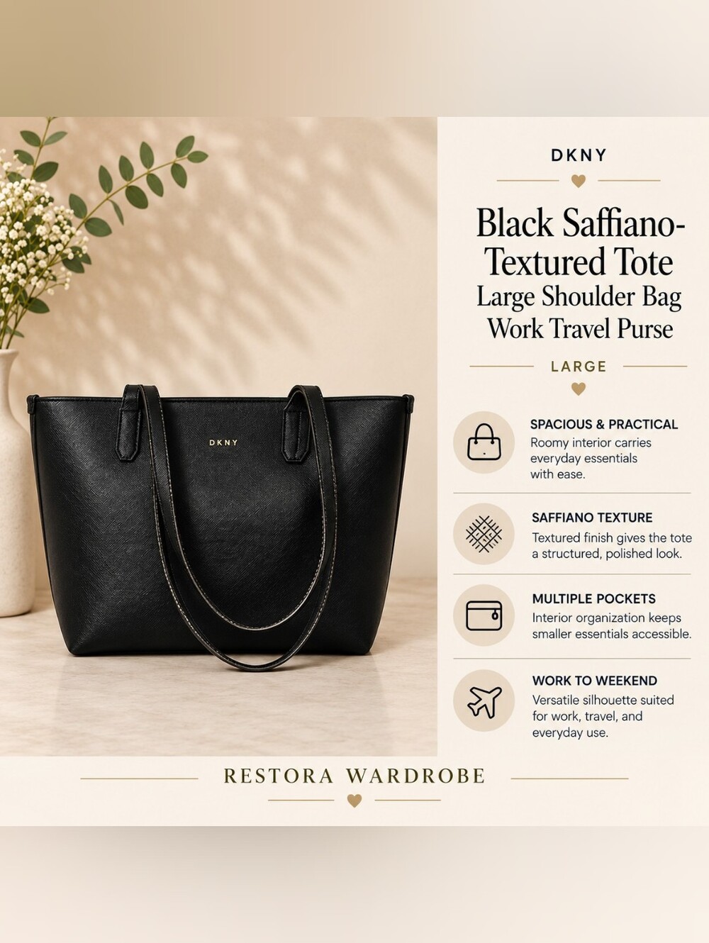 DKNY Saffiano Tote Bag Black Large Shoulder Work Travel